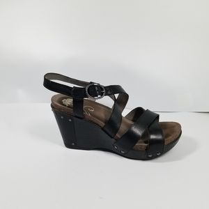 Dansko Black Leather Strappy Wedge Heel Sandals